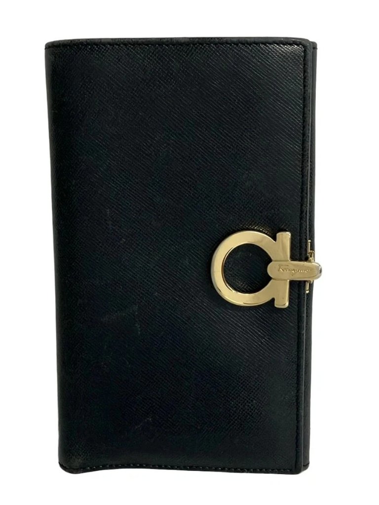 Salvatore Ferragamo Gancini Black Gold Leather Hardware Bifold Wallet